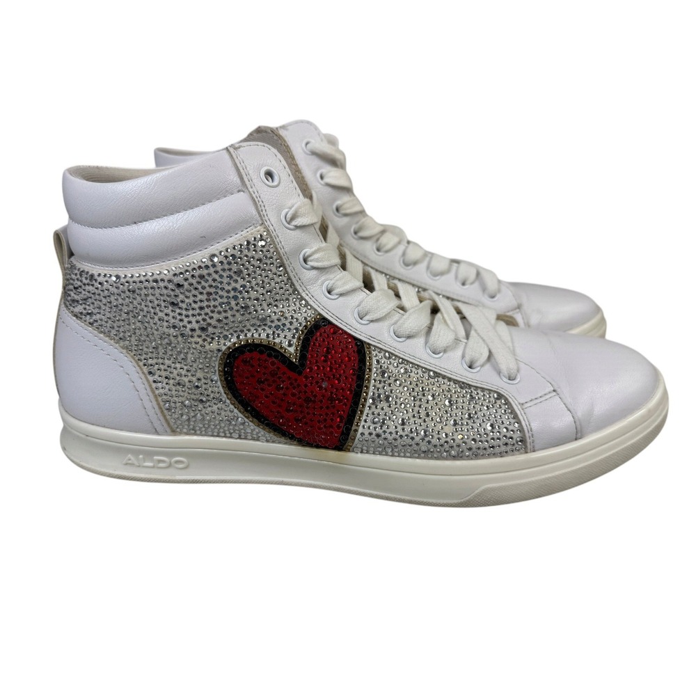 ALDO Carapetos Men's 10.5 White Rhinestone Heart High Top Sneakers Red Sole